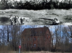 История Лиска-Шаакена: детские купания у больницы в 1925 году и современный вид здания в Некрасово