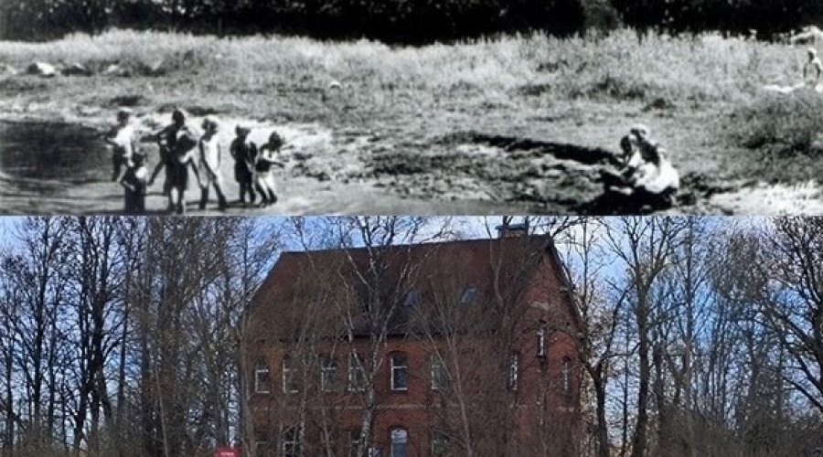 История Лиска-Шаакена: детские купания у больницы в 1925 году и современный вид здания в Некрасово
