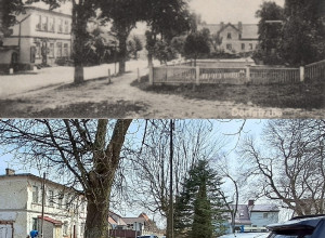 Деревенская улица Рудау на историческом снимке и современный посёлок Мельниково